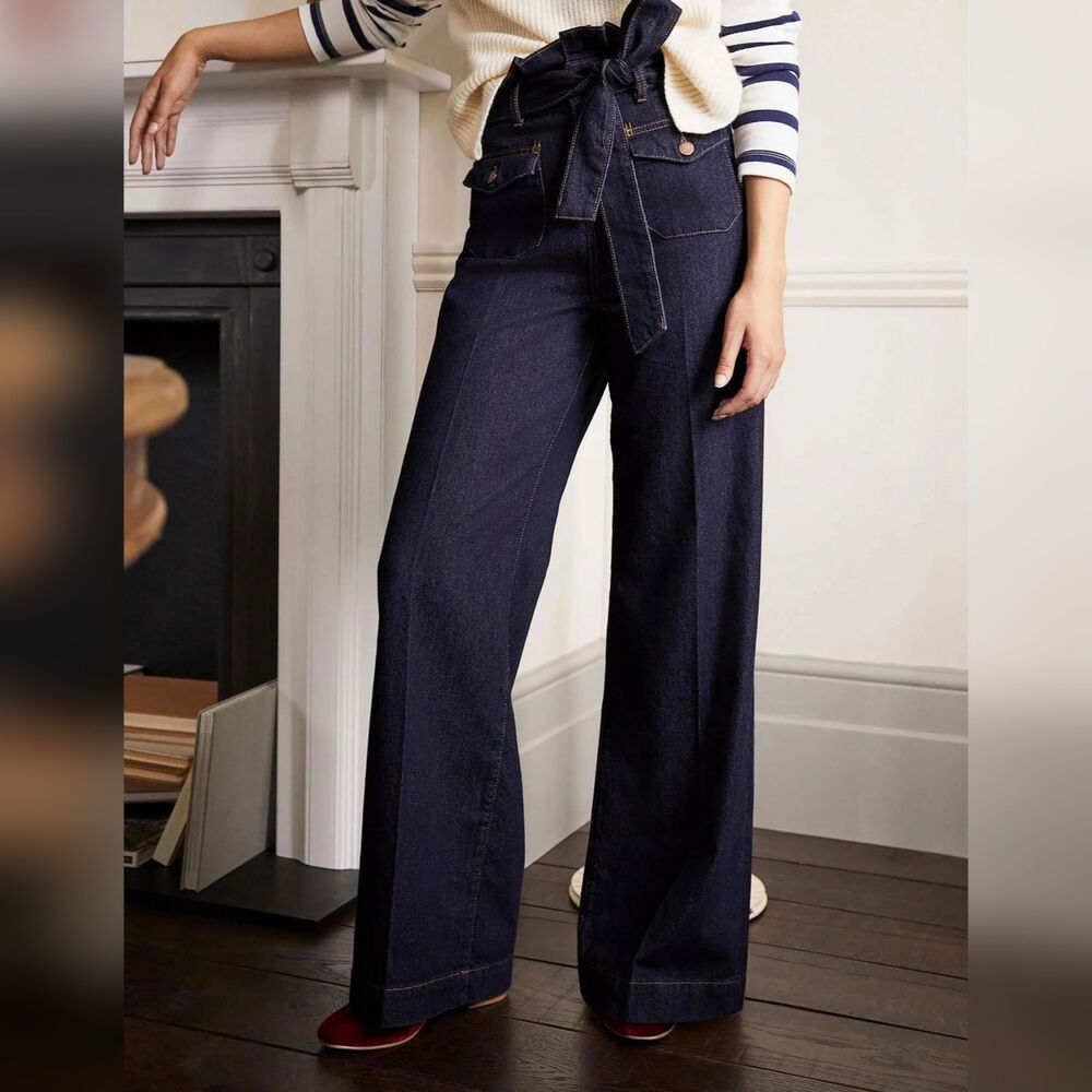 Boden Paperbag Wide Leg Womens 4P Petite Inigo Dark Wash Denim Belted